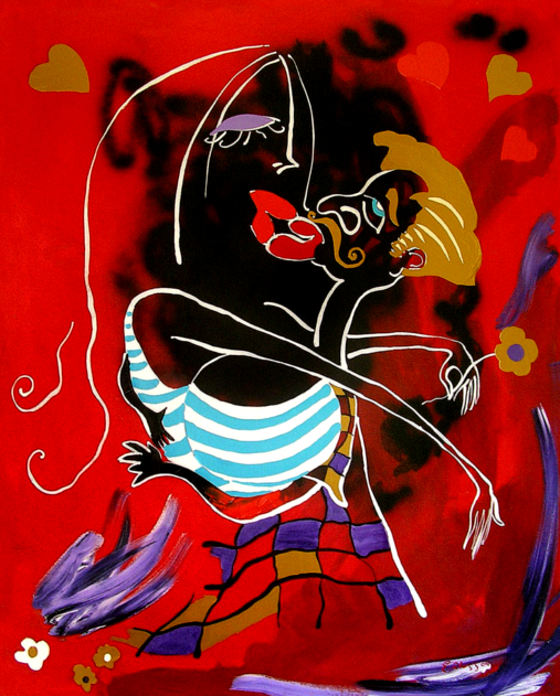 O BEIJO - Acrylic and spray on red fabric