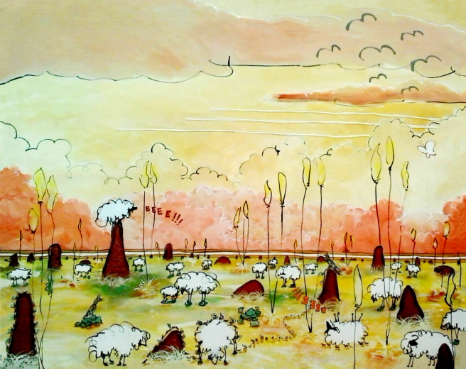 CAMPO COM OVELHAS, CUPINZAL, BOSTA E QUERO-QUERO - Acrylic on canvas