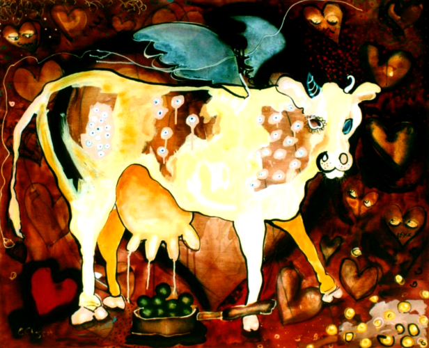 VACA AMARELA ... - Acrylic, cryon and spray on leatherpaper